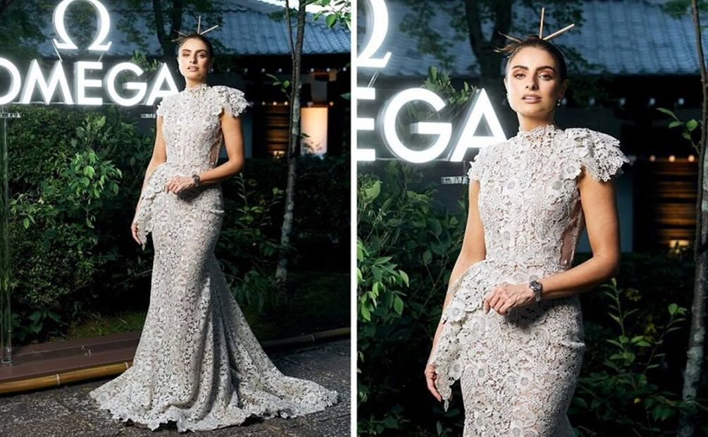 Aislinn Derbez luce vestido de Iann Dey en evento de Omega en Kioto, Japón. Foto: Especial. Instagram @aislinnderbez