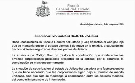 Fiscalía desactiva Código Rojo en Jalisco