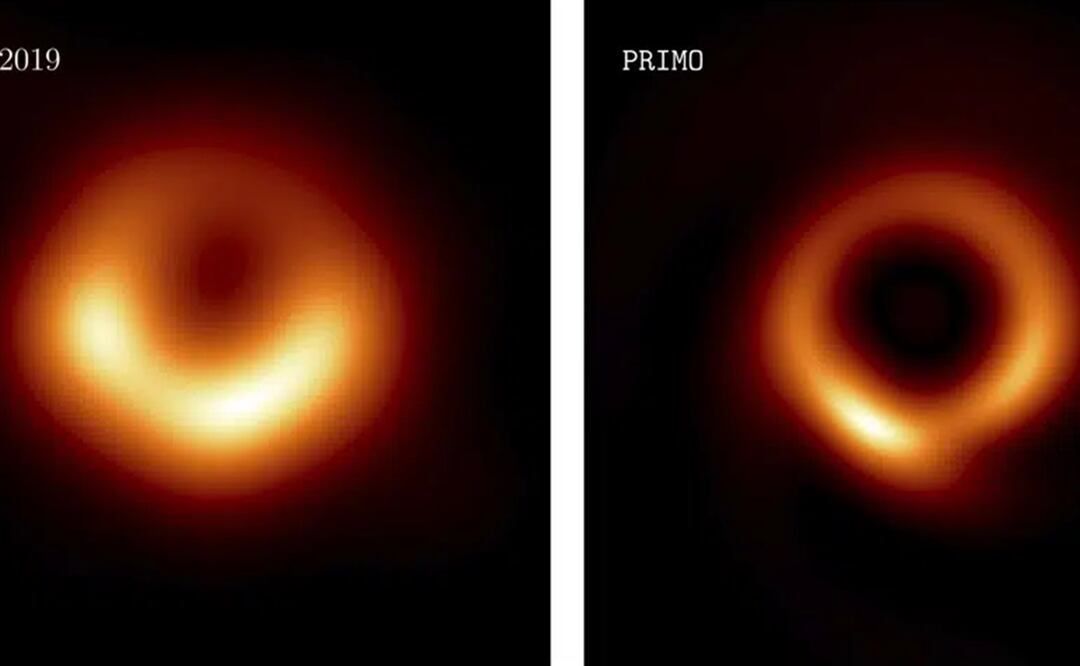 Esta combinación de imágenes de la investigadora Lia Medeiros muestra imágenes del agujero negro M87 distribuida en 2018, izquierda, y actualizada en 2023. Foto: AP