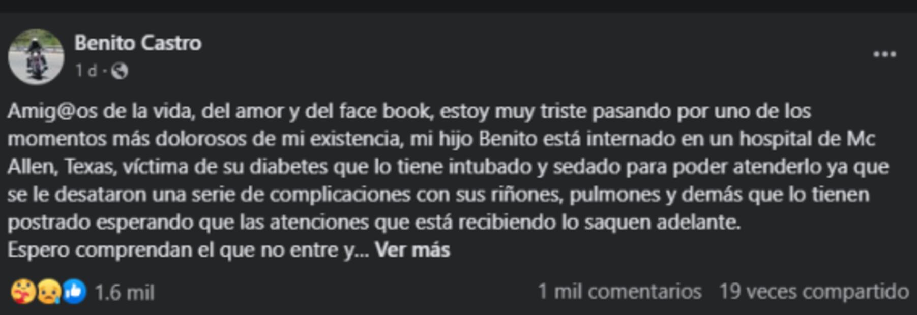 Hijo de Benito Castro es intubado por diabetes: El actor pide a sus seguidores una oración 