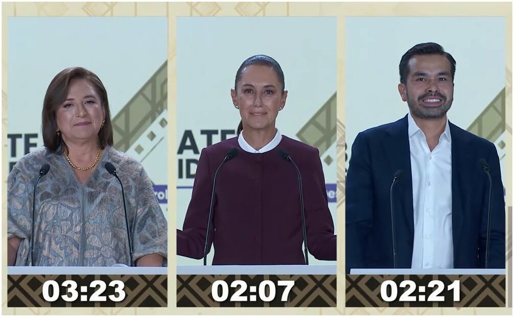 Xóchitl Gálvez, Claudia Sheinbaum, Jorge Álvarez Máynez en el segundo sebate. Foto: Captura de pantalla