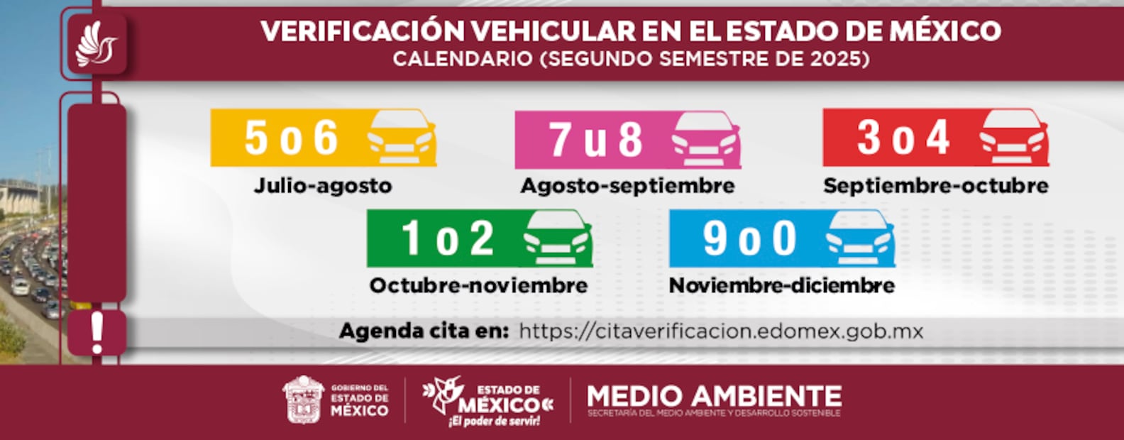 En agosto tendrán que verificar engomado amarillo con terminación 5 y 6 y engomado rosa con terminación 7 u 8. Foto: Estado de México.