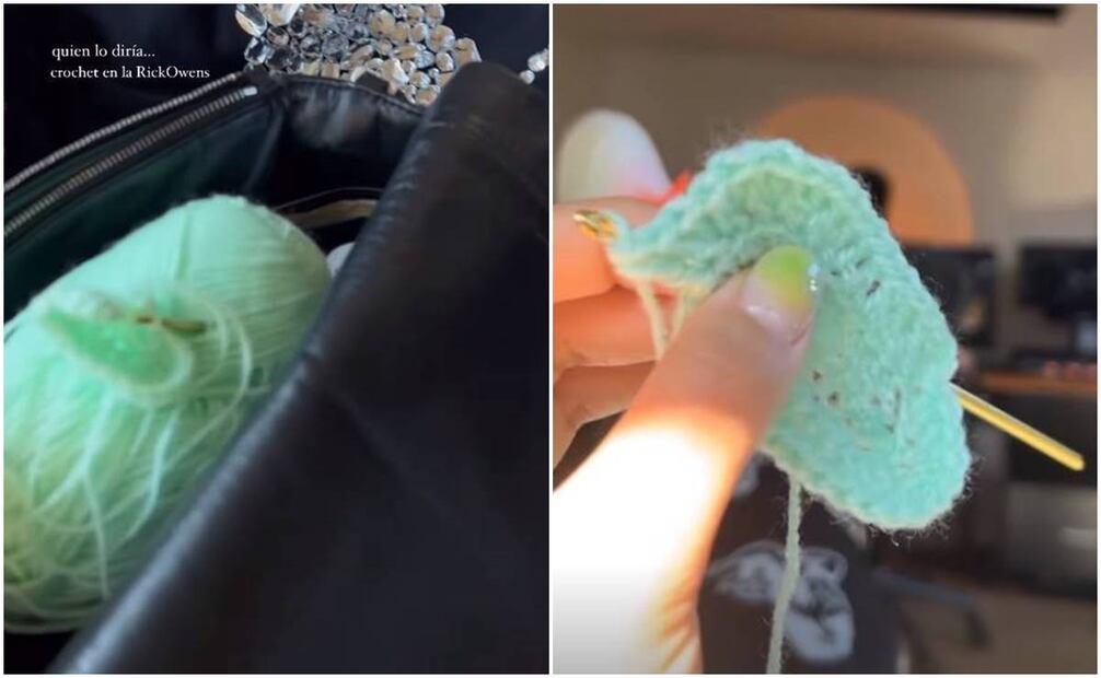 Cazzu carga con su estambre y sus agujas para tejer.