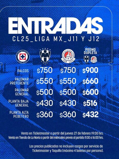 Los precios de los boletos para el Cruz Azul vs Monterrey / Foto: Especiales