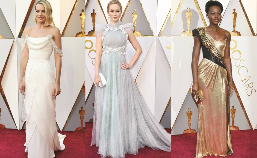 En la foto: Margot Robbie con un diseño de Chanel en blanco, Emily Blunt mostró su lado dulce con un Schiaparelli en azul hielo, Lupita Nyong’o en un atuendo en tonos metálicos de Atelier Versace