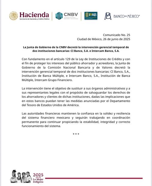 Comunicado de CNBV. Foto: X - @cnbvmx