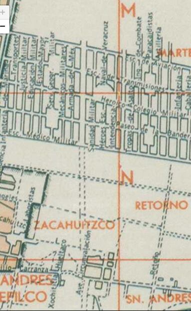 Mapa de la primera faceta de la colonia Militar Marte, con las menciones a labores de las fuerzas armadas. Años después se renombró a las calles del área y adoptaron las denominaciones de playas y puertos turísticos. Foto: Colección Carlos Villasana.