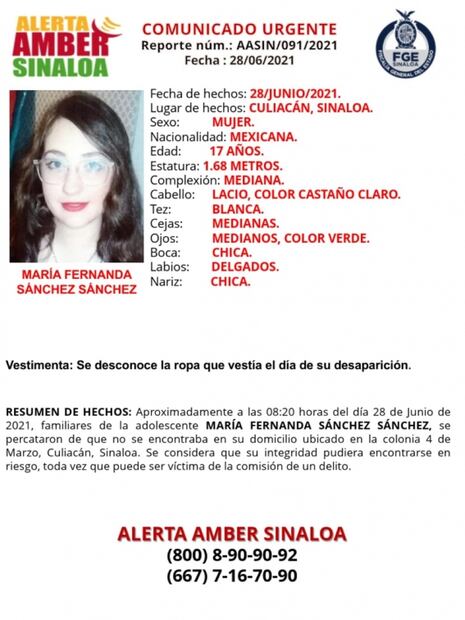 Emiten Alerta Amber por desaparición de María Fernanda, de 17 años, en Sinaloa