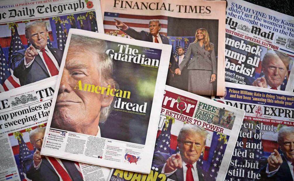 Las portadas de algunos de los periódicos británicos sobre la reelección de Donald Trump. Foto: Henry Nicholls / AFP)