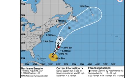 Huracán Ernesto se intensifica a categoría 2 y se dirige hacia las Bermudas