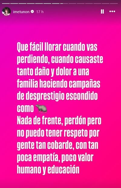 Imelda Garza reacciona así al llanto de Marco Chacón, esposo de Maribel Guardia, su suegra, a quien acusa de haber orquestado una campaña de desprestigio en su contra.