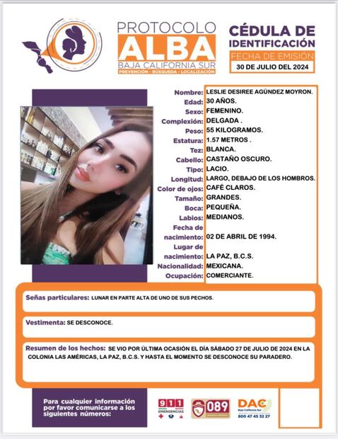 Buscan a Desiree Agúndez, desaparecida en La Paz, BCS. Foto: Especial