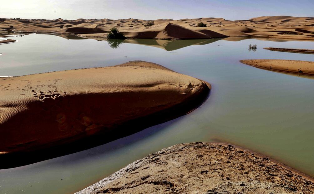 El agua fluye entre palmeras y dunas de arena tras inusuales lluvias registradas en septiembre pasado en el desierto del Sahara. Foto: AFP