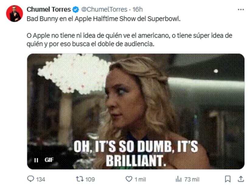 Chumel Torres reacciona a la revelación de la NFL sobre la elección de Bad Bunny como artista invitado para el show de medio tiempo del Super Bowl. Foto: X. Captura de pantalla
