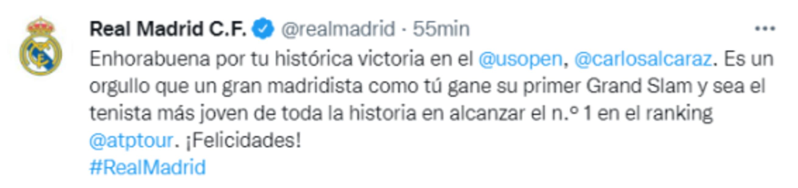 Real Madrid y Rafa Nadal felicitan a Carlos Alcaraz por ganar el US Open