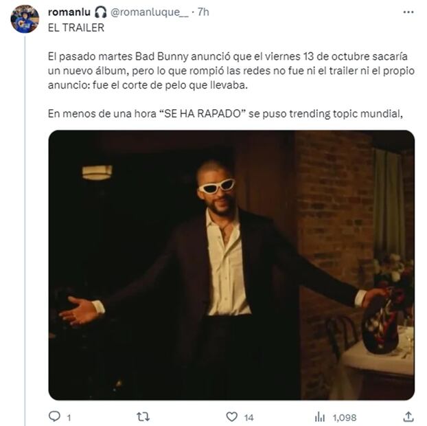 Bad Bunny es tendencia en X. Foto: Captura de pantalla @romanluque__