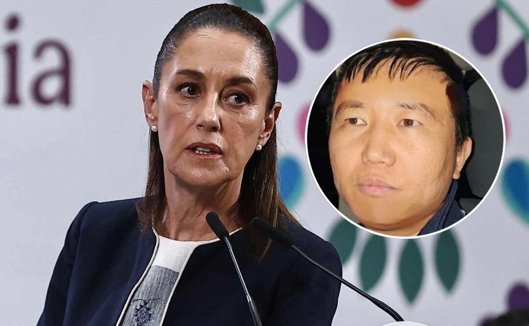 La presidenta Claudia Sheinbaum durante la mañanera de este 14 de julio del 2025 y Zhi Dong Zhang "El borther Wang". Fotos: Berenice Fregoso / EL UNIVERSAL y Especial