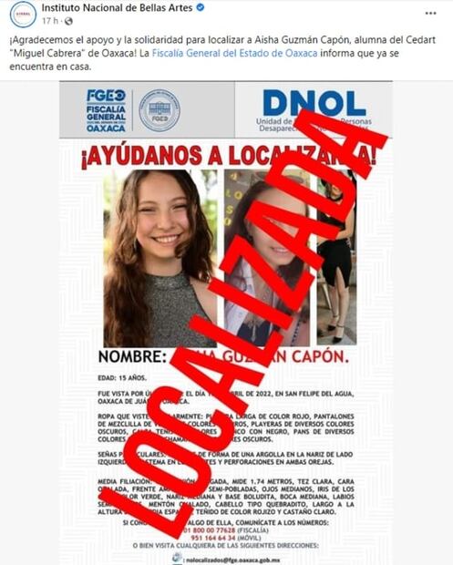 Localizan a Aisha Guzmán Capón, estudiante del CEDART en Oaxaca