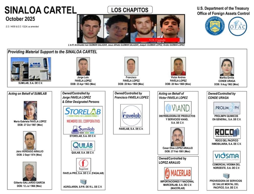 Ficha del Departamento del Tesoro de EU y las empresas sancionadas a las que se les vincula con el Cártel de Sinaloa y Los Chapitos
