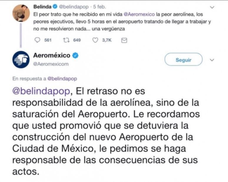 Aeroméxico no respondió a Belinda, fue fake news
