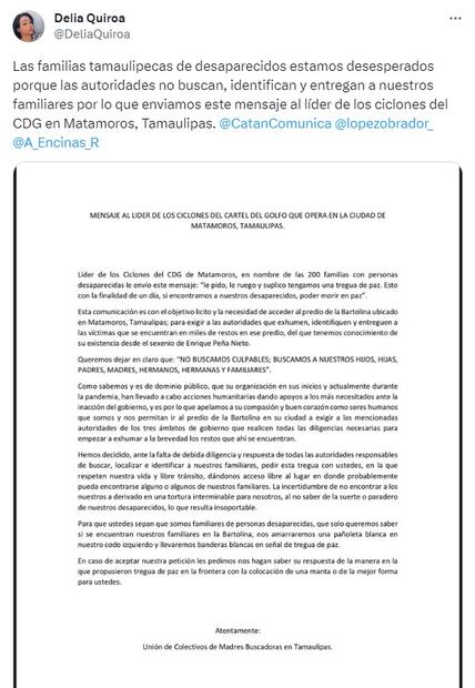 Tregua Madres Buscadoras Tamaulipas. Foto: Twitter