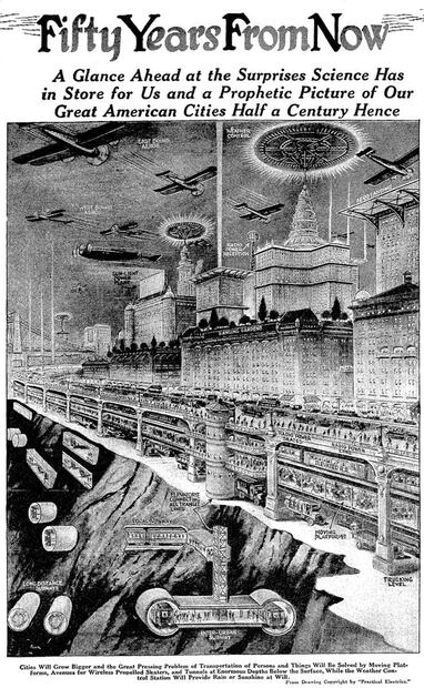 El artículo original de Gernsback apareció por primera vez en el diario "San Antonio Light" de Texas, el 8 de febrero de 1925. Si se observa con atención, puede notarse a la gente en "scooter" eléctrico por la calle, así como páneles solares y lo que hoy llamamos "roof gardens". ESPECIAL.