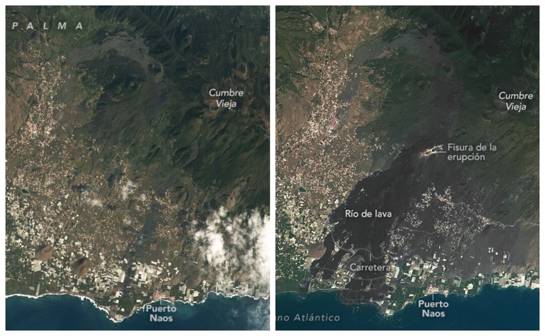 Antes y después de la Isla de la Palma, en España tras la mega erupción volcánica de 2021. FOTO: NASA