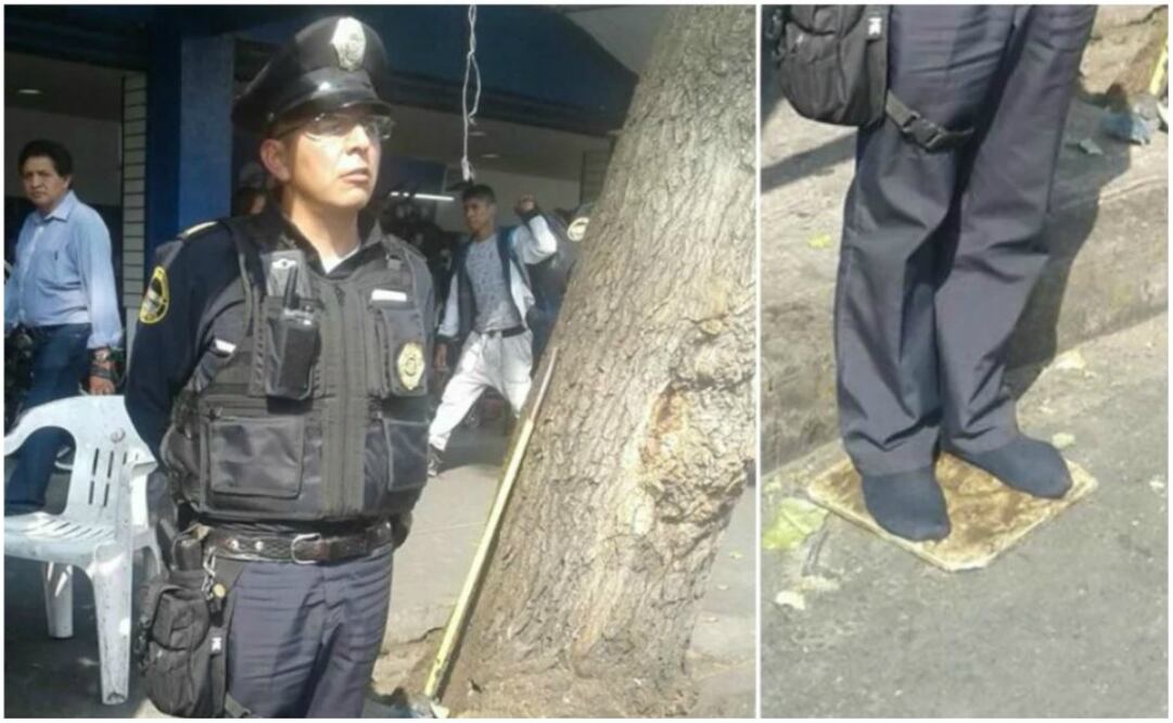 En el video se observa al policía descalzo frente a un zapatero ambulante, quien se encuentra arreglando una de sus botas.