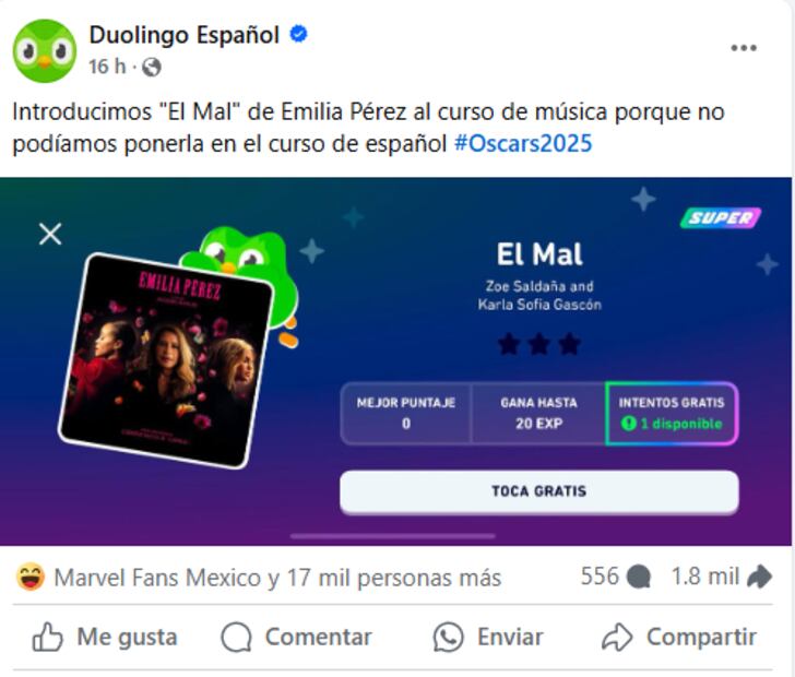 La aplicación de idiomas ironiza sobre el premio a Mejor Canción Original.
Foto: Captura de pantalla en Facebook