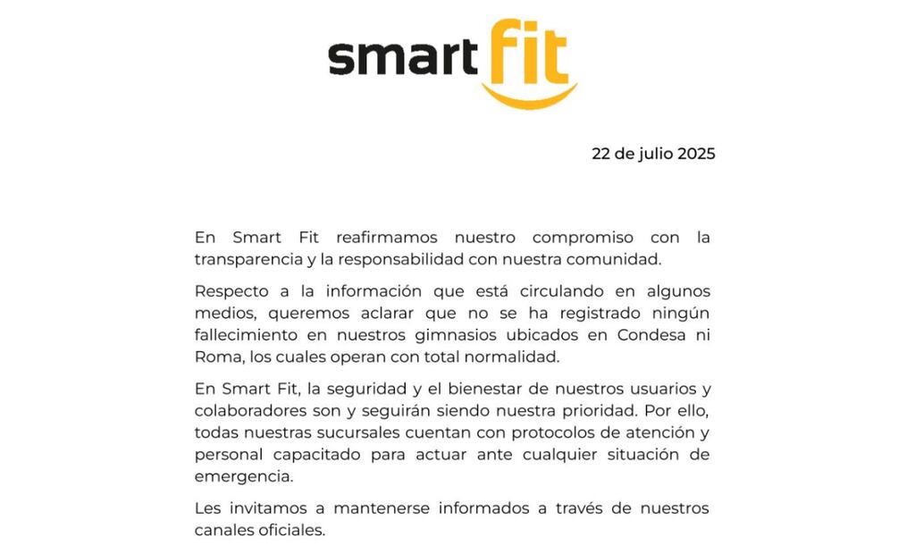 Smart Fit desmiente muerte de hombre en sucursal la Roma y la Condesa en la CDMX (22/07/2025). Foto: X (@SmartFitMx)
