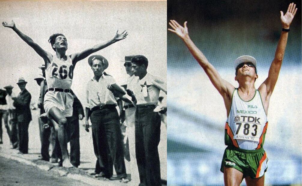 Esta comparativa entre un corredor de los años 30 (izq, desclazo) y el marchista Miguel Ángel Rodríguez (der.), en una foto del 2000, resalta las diferencias entre la experiencia de hacer deporte con un short que requería ajustarse con cinturón, y la innovación que supuso la jareta: esa costura a través de la que pasa el cordón con que nos ajustamos la ropa deportiva hasta la fecha.