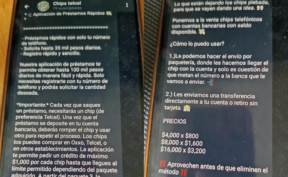 Supuestos vendedores del método de chips de Telcel, quienes ofrecen varios paquetes: “Ponemos a la venta chips telefónicos con cuentas bancarias con saldo disponible. Fotos: Especial