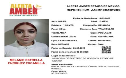 Activan Alerta Amber por desaparición de adolescente Melanie Estrella Enríquez Escamilla en Ecatepec; fue vista por última vez el 3 de agosto