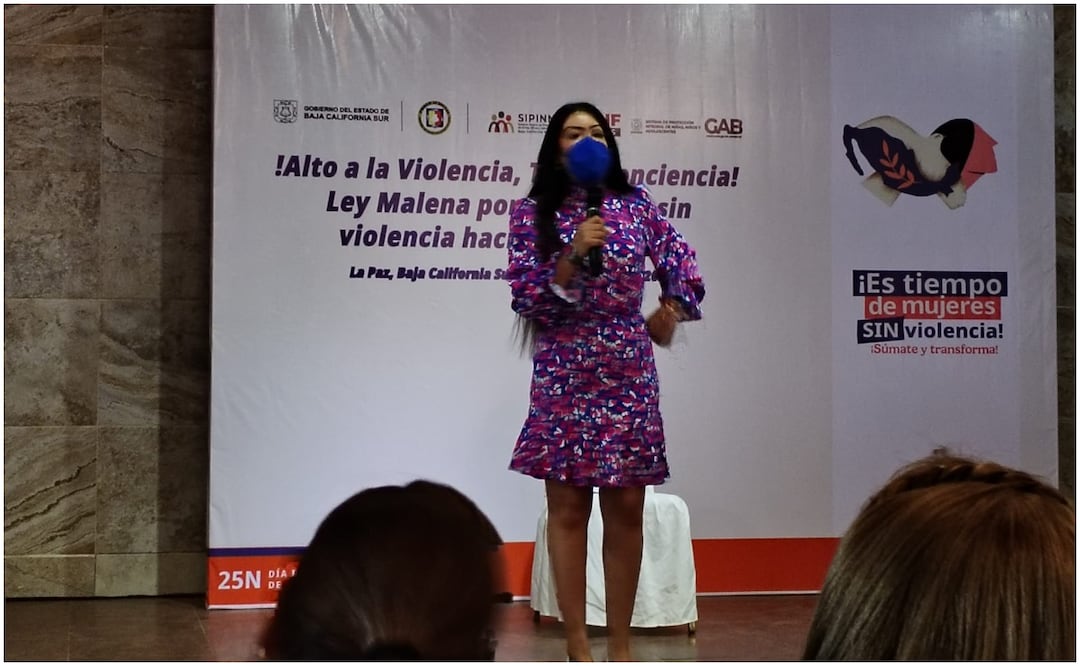 María Elena Ríos durante su conferencia en Baja California Sur para promover la tipificación de violencia ácida en la entidad (27/11/2024). Foto: Especial