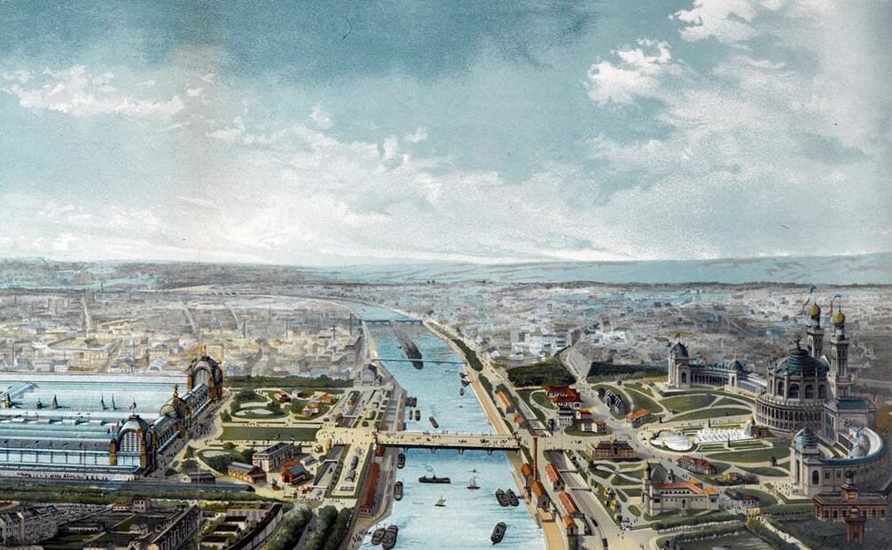 Como pabellones para la Exposición Universal de París 1878 se construyeron los dos edificios que aparecen flanqueando al río Sena: el Palacio del Campo de Marte (izq.) y el Palacio del Trocadero (der.), ambos ya extintos. Wikimedia Commons.