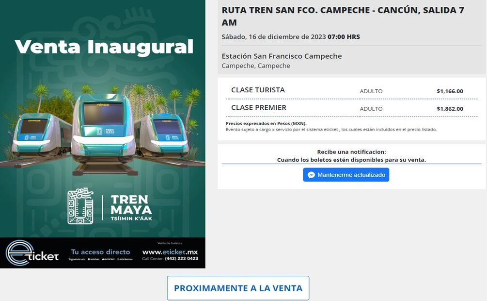 Boletos del primer viaje del Tren Maya se agotaron en minutos. Será el próximo 16 de diciembre. Foto: Captura de pantalla