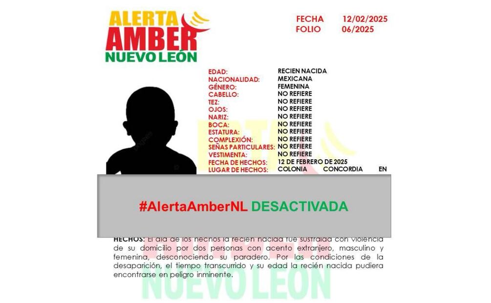 Descartan robo de bebé en Escobedo, Nuevo León y desactivan Alerta Amber (12/02/2025). Foto: Especial