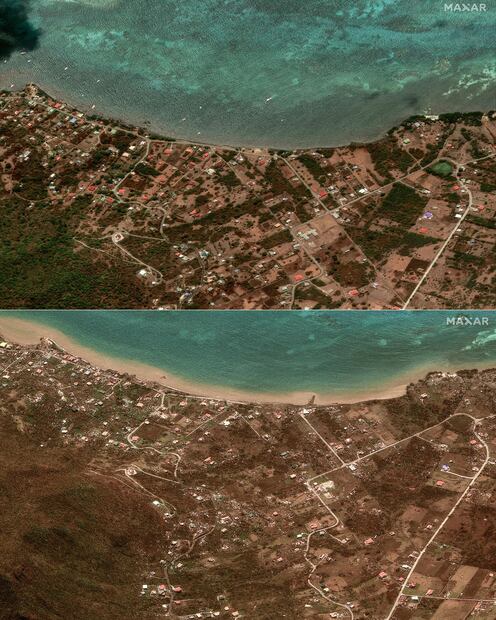 Esta combinación de imágenes de satélite cortesía de Maxar Technologies creadas el 2 de julio de 2024 muestra una vista general del noreste de la isla de Carriacou, Granada, el 8 de mayo de 2023, un año antes del paso de Beryl (arriba) y el 2 de julio de 2024 tras el paso del huracán. FOTO: EFE