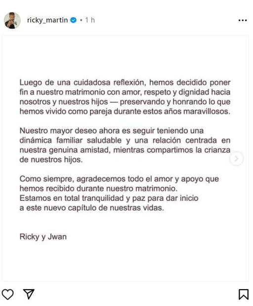 El cantante puertorriqueño Ricky Martin y el pintor sirio de nacionalidad sueca Jwan Yosef han anunciado su divorcio después de seis años de matrimonio.
