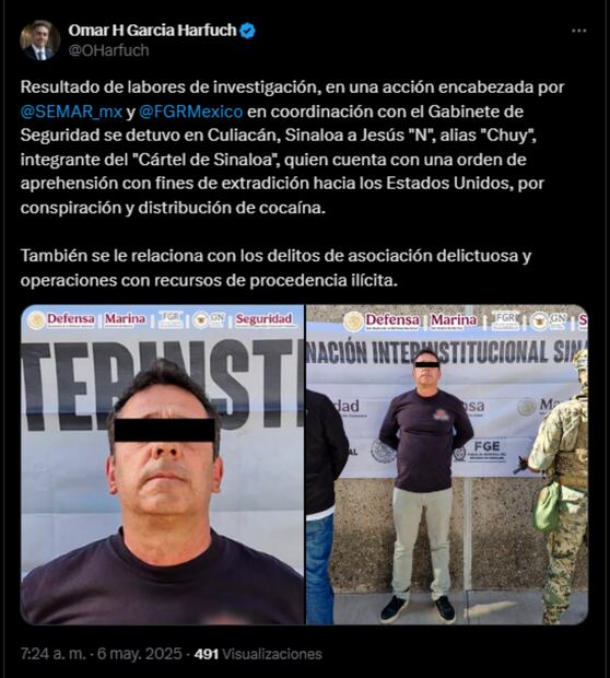 "Chuy" es integrante del Cártel de Sinaloa y fue detenido en Culiacán. Foto: tomada de X @OHarfuch