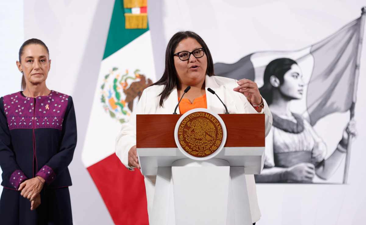Citlalli Hernández Mora, secretaria de las Mujeres, durante la mañanera del 25 de noviembre del 2025. Foto: Diego Simón / EL UNIVERSAL