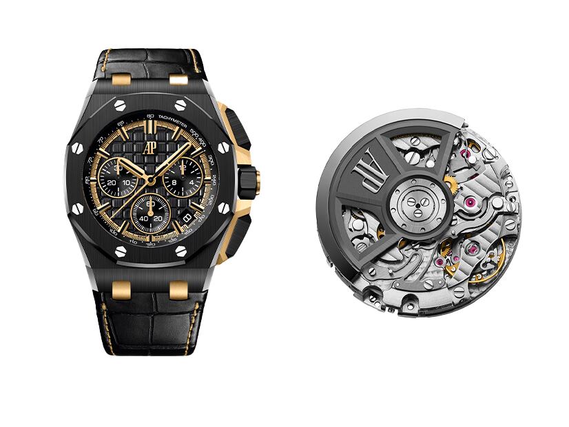 REF. 26420CE.OO.A127CR.01. Cronógrafo flyback con calibre 4401 de carga automática con 70 horas de reserva de marcha. Caja de cerámica negra con inserciones de oro amarillo, 43 mm. Cristal de zafiro, fondo transparente. Hermeticidad a 100 metros.Esfera Mega Tapisserie, agujas de oro amarillo.