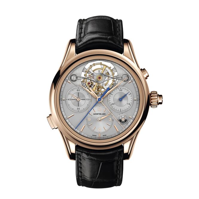 El Heritage Chronométrie ExoTourbillon Rattrapante de Montblanc tiene una impresionante caja de 47 milímetros de diámetro hecha en oro rojo, esfera de oro macizo y mecanismo manual.