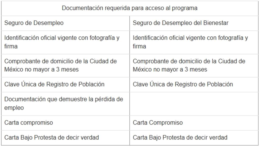 Documentación requerida, para realizar solicitud a Seguro del Desempleo. Fuente: Captura de pantalla, Gobierno de la CDMX.