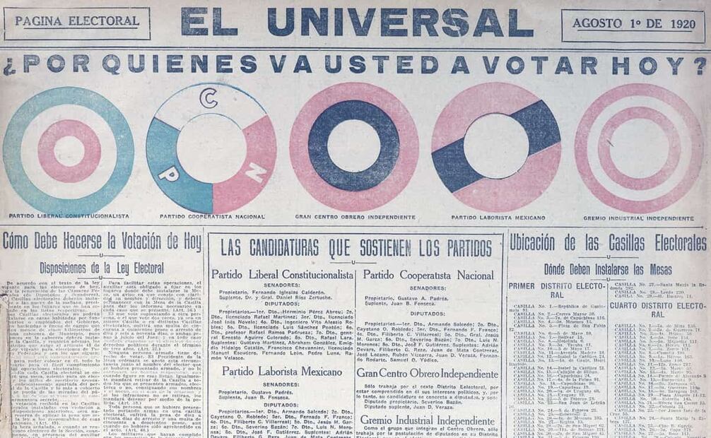 Cobertura de las elecciones legislativas de 1920, con la descripción sobre lineamientos y ubicación autorizada de las casillas. Foto: Hemeroteca EL UNIVERSAL.
