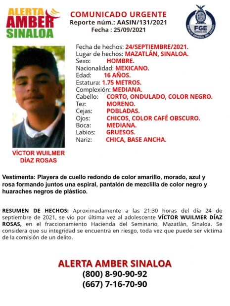 Buscan a Víctor Wuilmer Díaz Rosas, adolescente de 16 años desparecido en Mazatlán