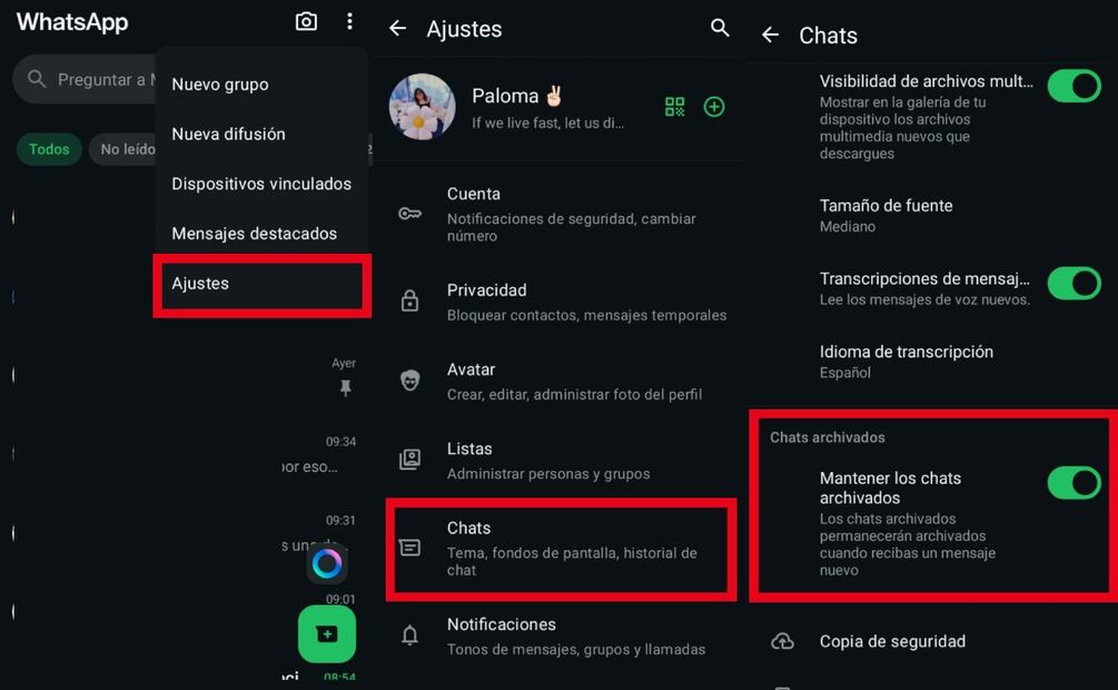 Modo vacaciones en WhatsApp. Imagen: captura de pantalla