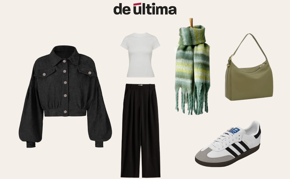 Pantalón wide leg + chamarra oscura. Foto: H&M, Ellaz, Adidas