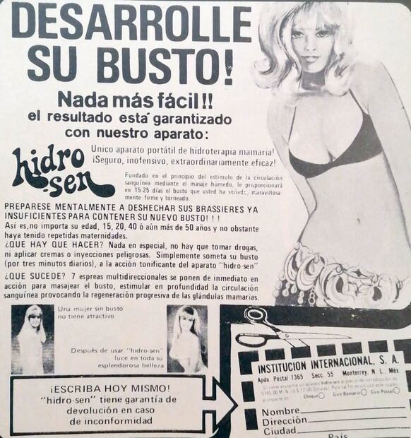 Publicidad del aparato Hidrosen que prometía aumentar el busto de una manera fácil y garantizada. Revista Vanidades 1973. Colección Carlos Villasana.