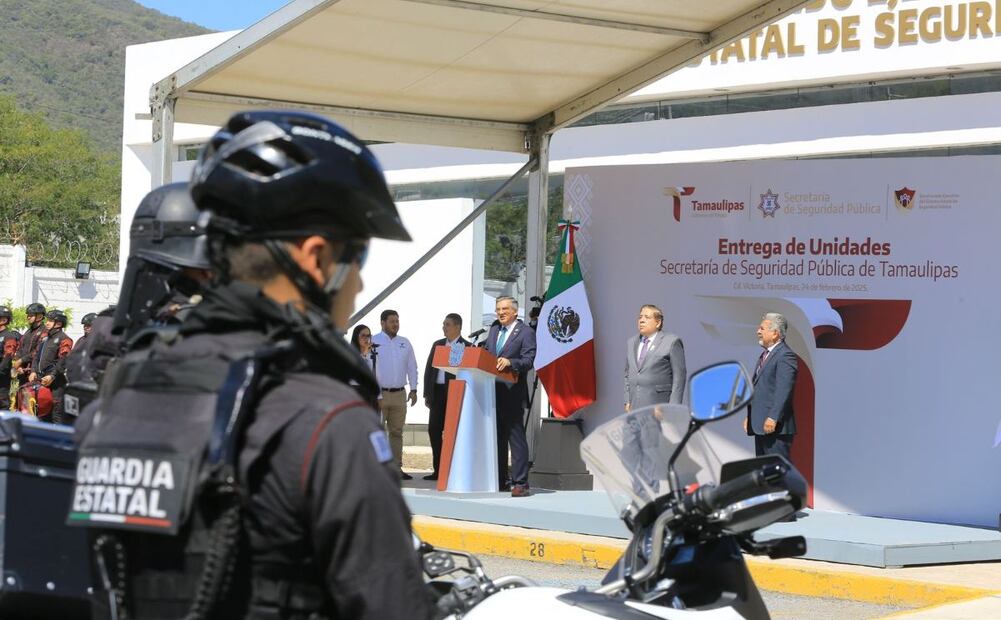 Américo Villarreal Anaya entrego 25 nuevas patrullas a la Secretaría de Seguridad Pública, 24 de febrero de 2025. Foto: Especial